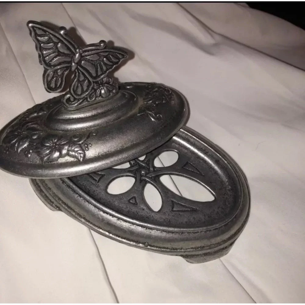 Carson‎ Pewter Butterfly Soap Dish-2001 Smoke Dome Oval 2 Piece Marked Vintage